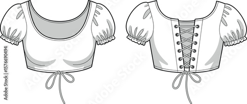 Women's Gathered Midi Dress CAD Drawing Flat Vector Fashion Illustration with Voluminous Balloon Sleeves.