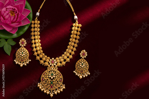 A luxurious Akshaya Tritiya Poster, gold necklaces  jewellery and earrings are beautifully decorated Red cloth.