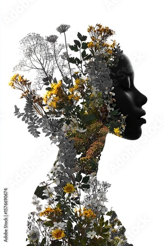 Silhouette of a woman with a floral double exposure effect, showcasing vibrant flowers and greenery, symbolizing nature, beauty, and femininity in a creative artistic representation
