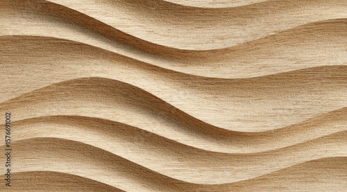 Abstract image of undulating, light beige wood grain, mimicking flowing waves or sand dunes.  The texture is smooth with subtle variations in tone
