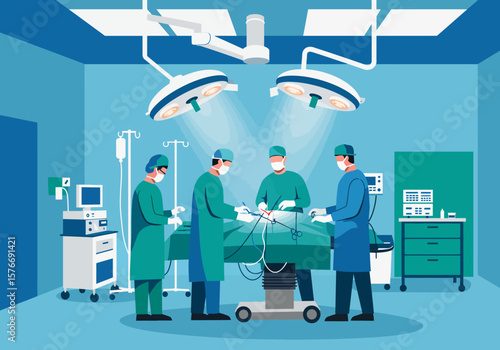 Surgical Team Performing Operation in Modern Operating Room Vector Illustration.