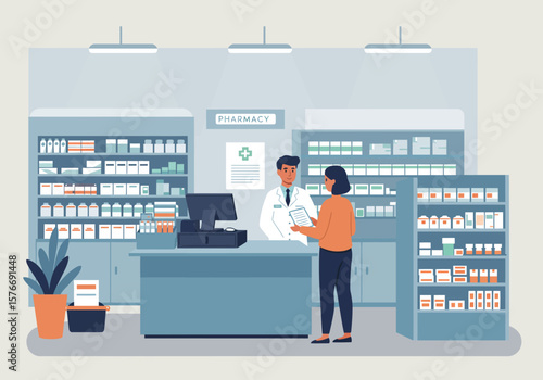 Pharmacy Interior Scene with Customer and Pharmacist.