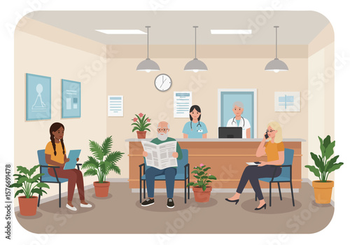 Diverse Patients Waiting in a Doctors Office Reception Area.