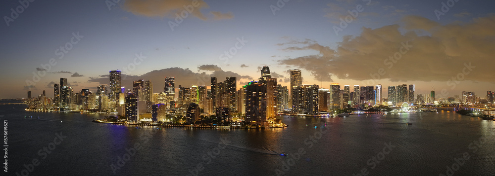 Fototapeta premium Panorama of Miami skyline. Panorama cityscape of Brickell Miami. Scenic drone view of Florida coastline. Miami skyline with skyscrapers.