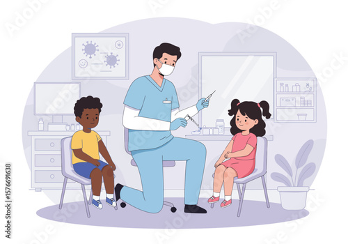 Cartoon doctor administering vaccine to children in clinic wearing mask.