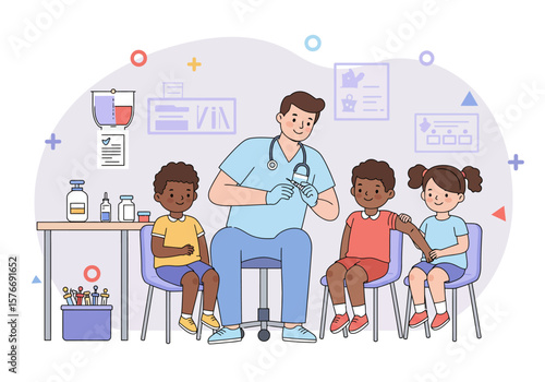 Cartoon doctor administering vaccine to children in clinic setting.