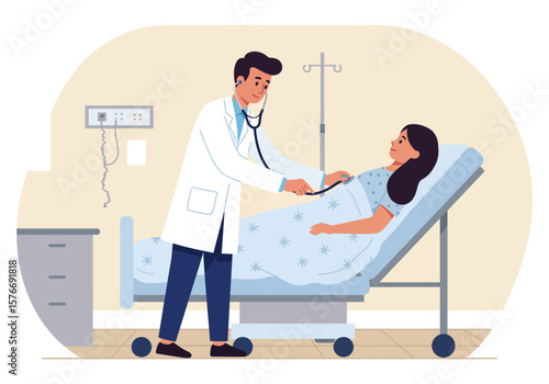 Doctor examining patient with stethoscope in hospital bed medical checkup.