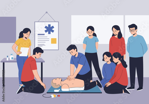 CPR Training Session: Instructor Demonstrating Chest Compressions on a Realistic Training Dummy.