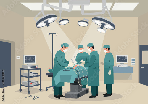 Illustration of Surgical Team Performing Operation in Modern Operating Room.