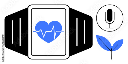 Smartwatch displaying heartbeat on screen beside microphone and leaf icon. Ideal for health, wellness, eco-tech, fitness tracking, wearable tech, innovation, simple landing page