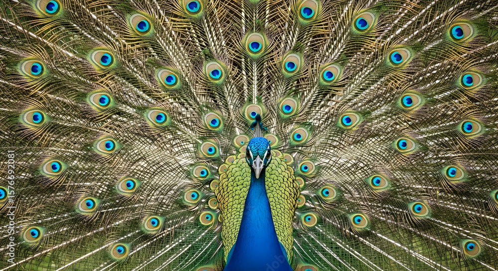 Obraz premium Striking Peacock Displaying Feathers, Vivid Teal Blue and Green Exotic Bird