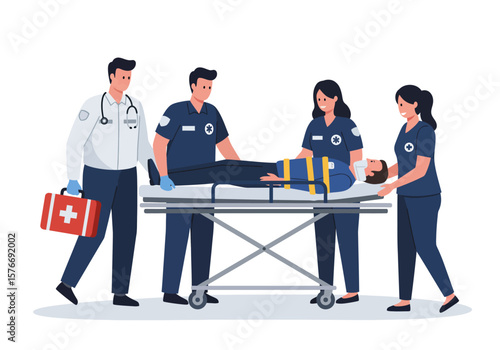 Emergency Medical Team Carrying Injured Patient on Stretcher.