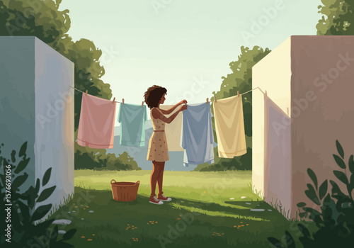 Woman hanging laundry on clothesline in backyard, peaceful outdoor scene illustration in minimalist style.