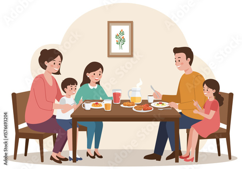 Family breakfast illustration, showcasing togetherness and a cheerful start to the day with pancakes and juice.