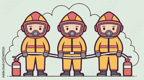 Firefighters in Action with Hose and Extinguishers – Emergency Response Illustration