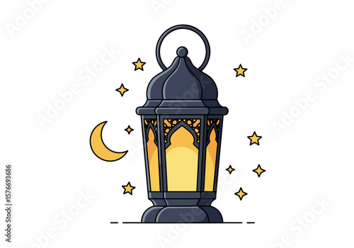 Elegant Ramadan Lantern Illustration with Crescent Moon and Stars for Festive Greetings and Cultural Designs
