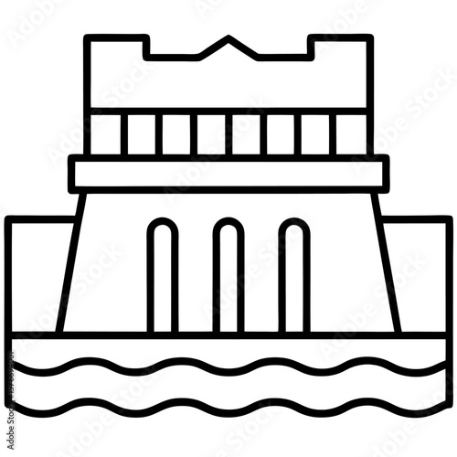 Watergate dam structure black line art icon on white background.