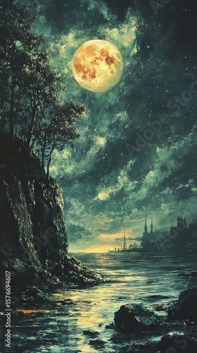 Mystical Moonlit Coastal Landscape Painting Golden Full Moon Dark Textured Rocks Night Sky