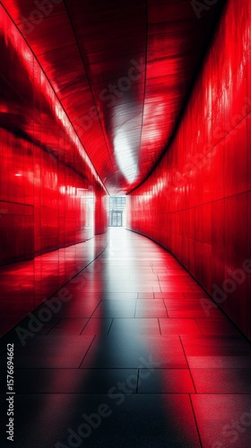 Modern Architectural Corridor with Vivid Red Walls and Curved Design Leading to Bright Light at End