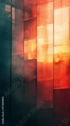 Modern Abstract Architectural Facade with Vibrant Orange and Teal Metallic Panels Under Dynamic Lighting