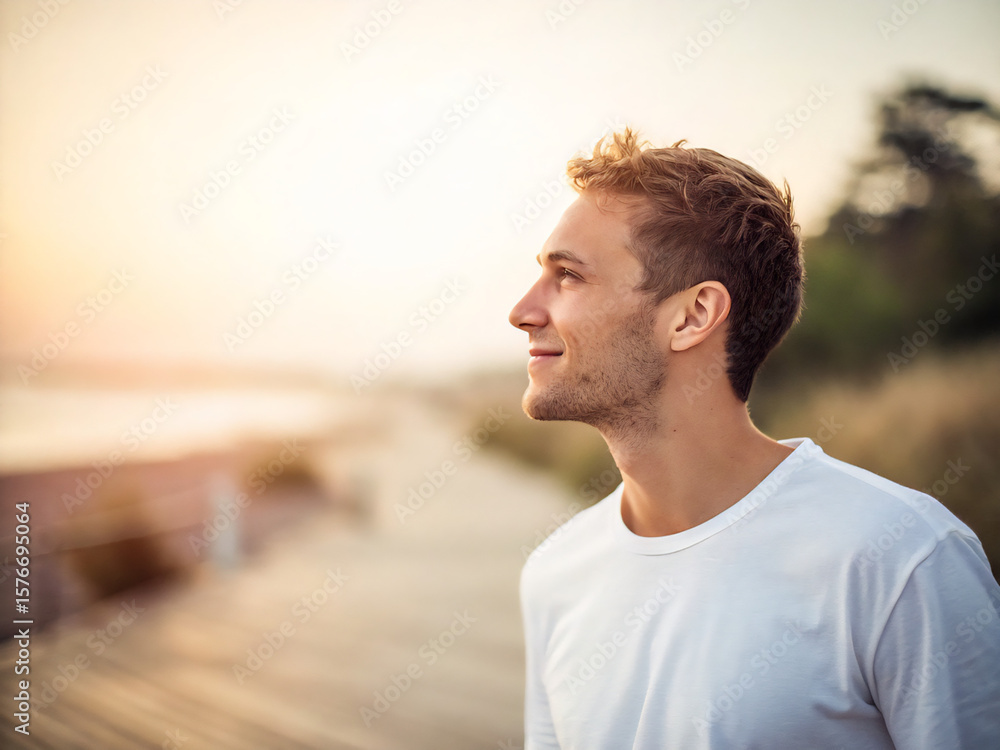 Fototapeta premium portrait of young man. handsome, smiling, smile, outdoors, people, face, person, hair, guy, men, one, boy, outside, beach, summer, casual, looking, serious, happiness, shirt, sky, nature, model, teen,