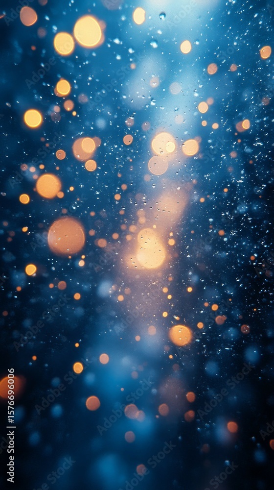 Fototapeta premium Sparkling Golden Bokeh Lights and Water Droplets on Blue Background with Dreamy Atmosphere