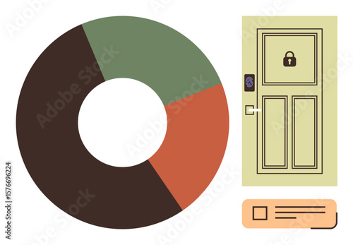 Pie chart displays data segmentation beside a secure door featuring a keypad and lock. Ideal for data protection, smart technology, analytics, home security, privacy concepts, access control, simple