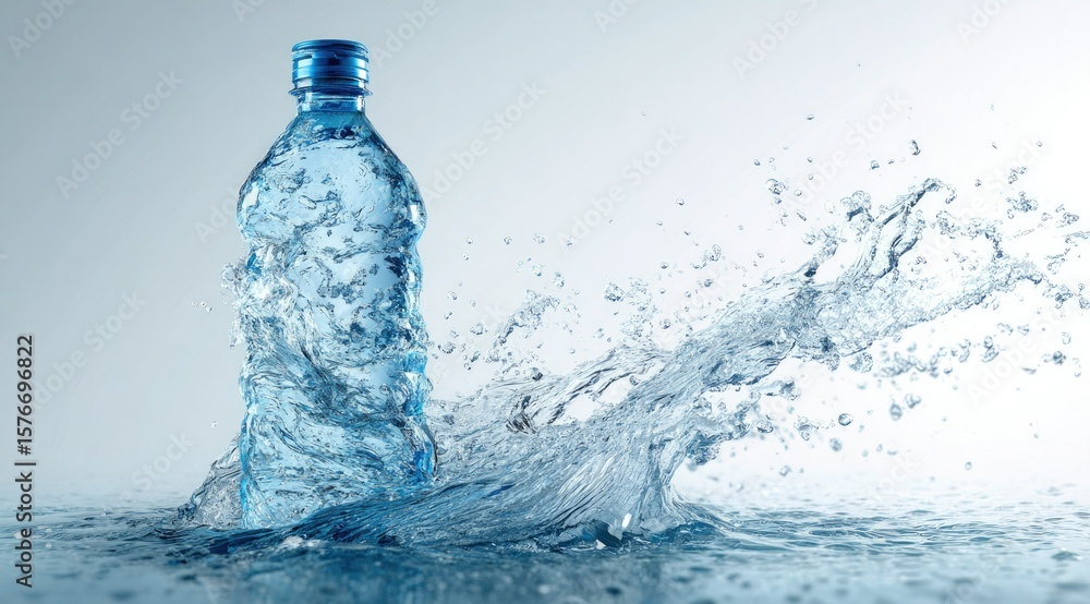 A plastic bottle of water is shown partially submerged in a pool of water, with a dramatic splash emanating from it. The bottle is clear, showing the water within A plastic bottle of water is shown partially submerged in a pool of water, with a dramatic splash emanating from it. The bottle is clear, showing the water within