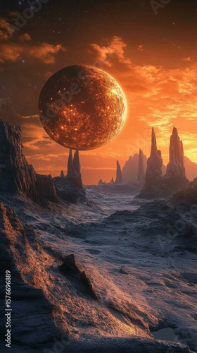 Fiery Alien Planet Over Barren Rocky Landscape with Orange Sky and Distant Spiky Mountains