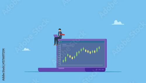 Businessman using laptop to trade graph on laptop. Stock trading or crypto currency investing, technical analysis for investment, financial graph and chart, stock market or currency exchange.