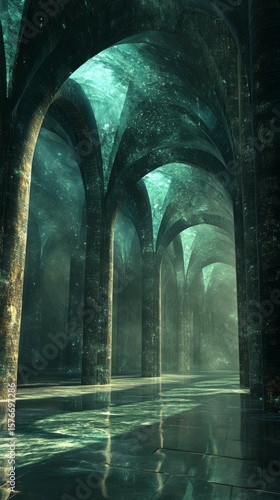 Grand Vaulted Architectural Hall with Ethereal Teal Light and Stone Pillars