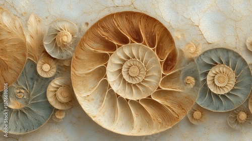 Intricate Spiral Shell Fossils Pattern Beige Background