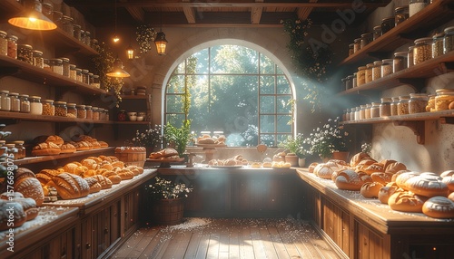 Whimsical indoor bakery run by creatures, fantasy style, storybook, perfect for children's content or enchanted product mockups