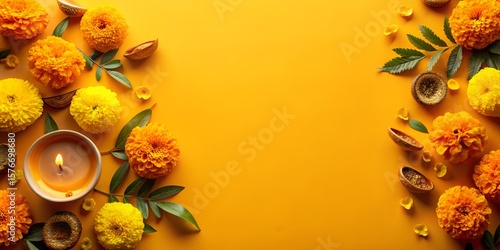 Vibrant Yellow Marigold Flowers, Candles, and Diyas: Festive Autumnal Background