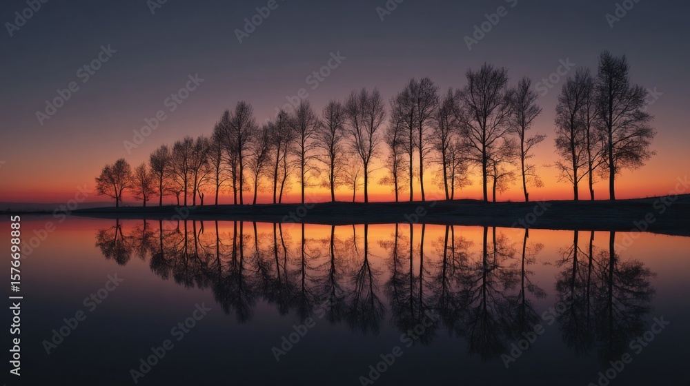 Obraz premium Sunset Silhouette of Trees Reflected in Calm Water