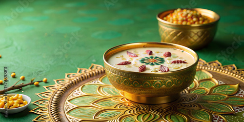 Luxurious Golden Bowl of Creamy Dessert with Fruit Garnish, Ornate Tray, Green Background