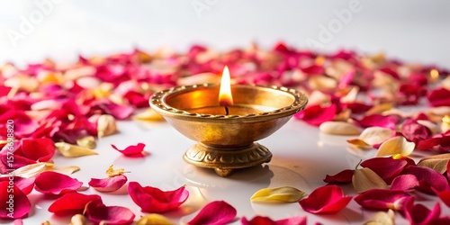 Serene Gold Diya Candle Lit Amongst Rose Petals: Peaceful, Romantic, Spa Atmosphere
