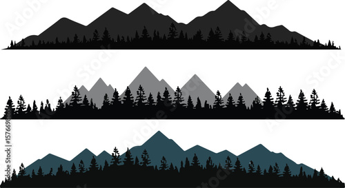 Mountain landscape vector illustration of a city skyline with trees and hills silhouetted against a misty morning sky