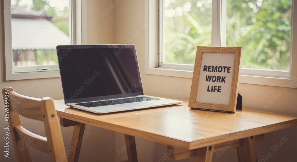 A laptop and framed sign on a wooden desk near a window. A laptop and framed sign on a wooden desk near a window.