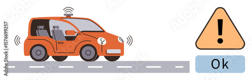 Self-driving car with sensors on road, warning triangle symbol, and Ok message. Ideal for technology, AI, robotics, autonomous driving, transportation, safety education simple flat metaphor