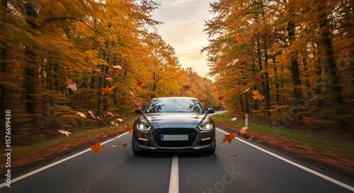Autumn car drive through forest