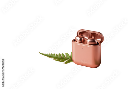 Rose gold earbuds with fern isolated on transparent background