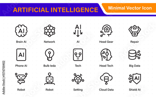 Ai tech and artificial intelligence icon set vector collection. AI Essentials line Icon collection, artificial intelligence icon set in line style, machine learning, smart robotic Free Vector