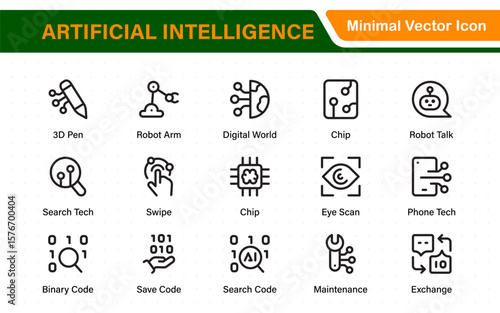 Ai tech and artificial intelligence icon set vector collection. AI Essentials line Icon collection, artificial intelligence icon set in line style, machine learning, smart robotic Free Vector