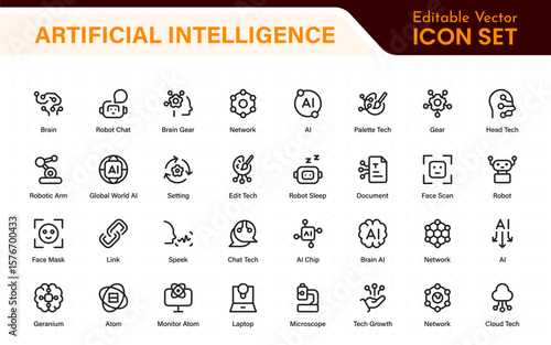 Ai tech and artificial intelligence icon set vector collection. AI Essentials line Icon collection, artificial intelligence icon set in line style, machine learning, smart robotic Free Vector