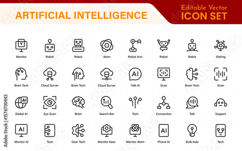 Ai tech and artificial intelligence icon set vector collection. AI Essentials line Icon collection, artificial intelligence icon set in line style, machine learning, smart robotic Free Vector