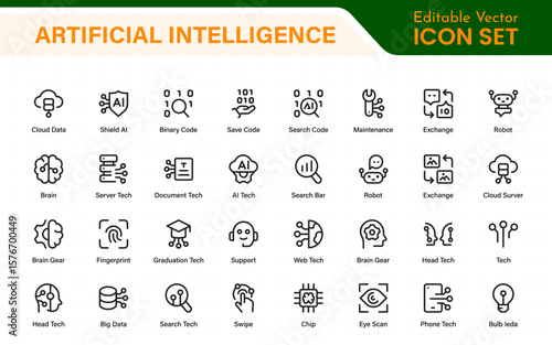 Ai tech and artificial intelligence icon set vector collection. AI Essentials line Icon collection, artificial intelligence icon set in line style, machine learning, smart robotic Free Vector
