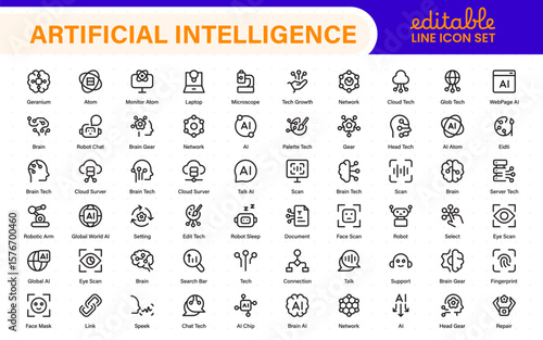 Ai tech and artificial intelligence icon set vector collection. AI Essentials line Icon collection, artificial intelligence icon set in line style, machine learning, smart robotic Free Vector