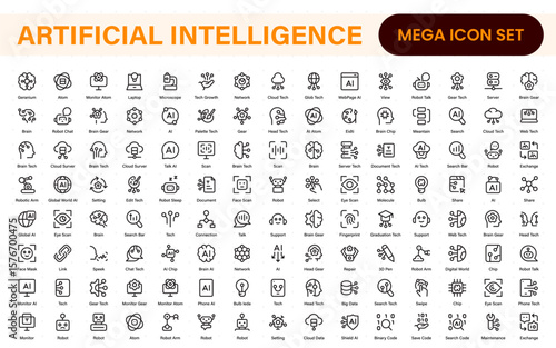 Ai tech and artificial intelligence icon set vector collection. AI Essentials line Icon collection, artificial intelligence icon set in line style, machine learning, smart robotic Free Vector