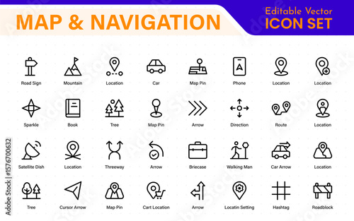 Map Navigation Line Icons vector. symbol of map location, Route, Marker, road trip, and icons.Location pin icons set—modern marker collection. Pinpoint. Map place marker. pointer GPS location symbol.